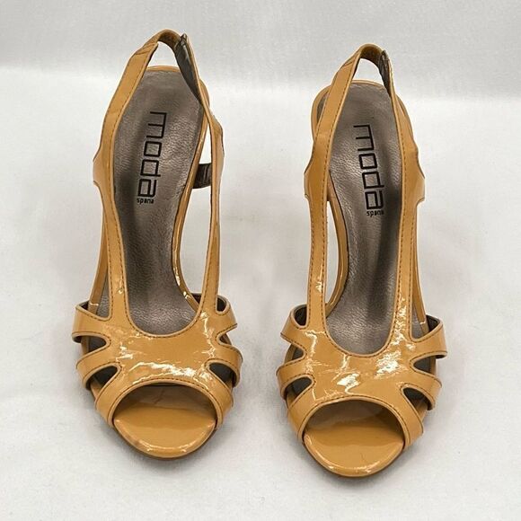 Moda Spana Golden Tan Strappy Patent Slingback Open Toe Heeled Sandals Size 7 - Picture 2 of 11